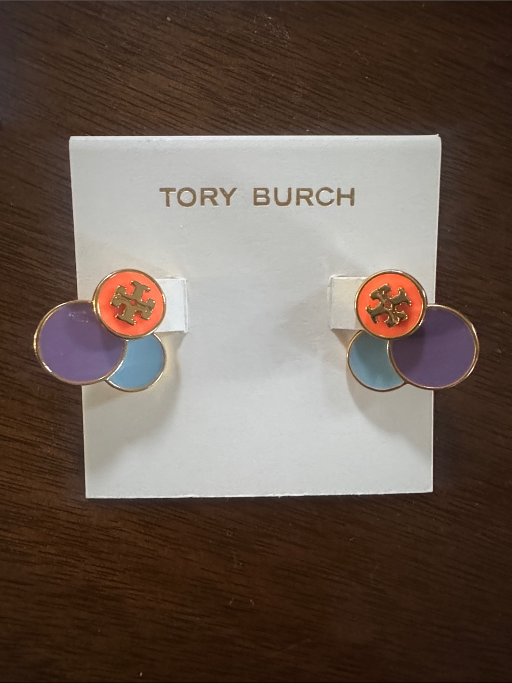 Tory Burch tri-color Enamel Circle Logo Studs in Purple, Orange & Blue NEW $129